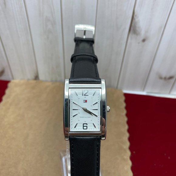 Tommy Hilfiger Black Leather Strap Stainless Steel Tank Style Watch - Picture 2 of 5